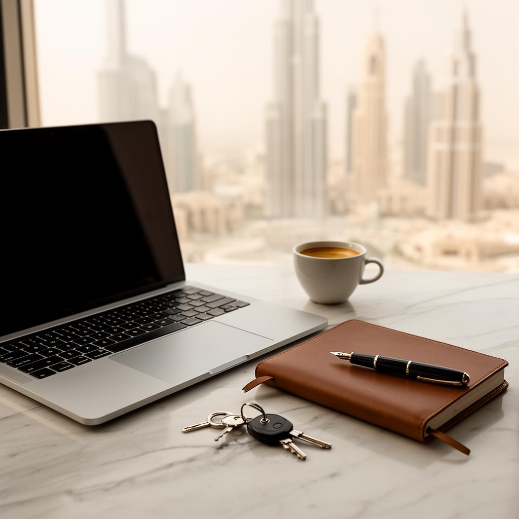 Laptop, espresso and notebook on a marble desk overlooking Dubai