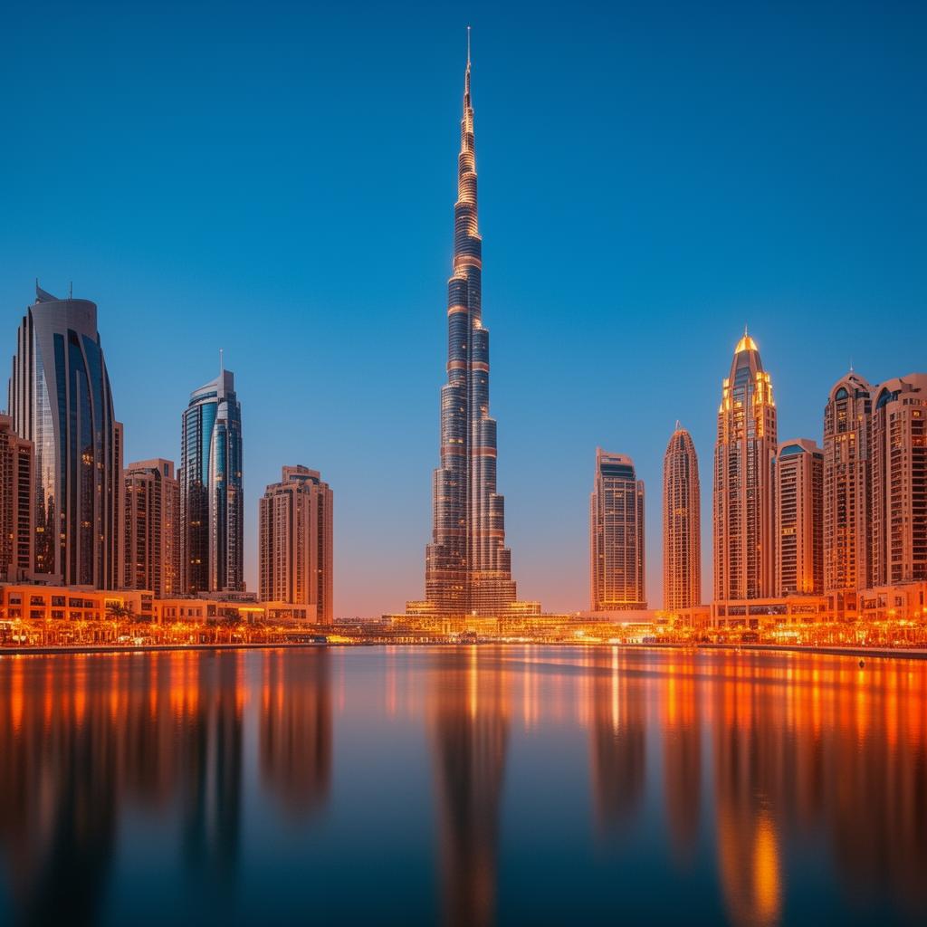 Dubai skyline at blue hour with Burj Khalifa
