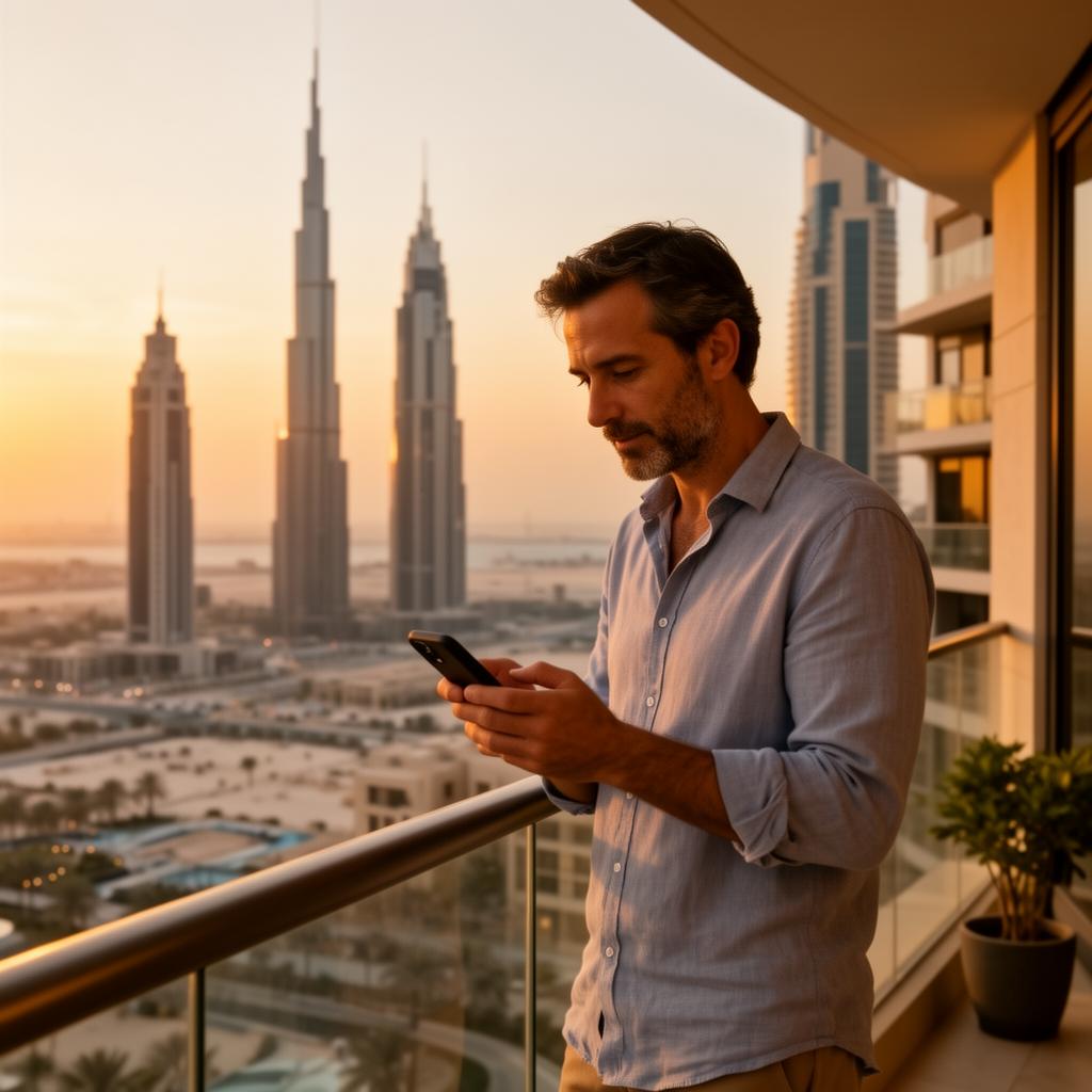 Young professional with tablet overlooking Dubai skyline
