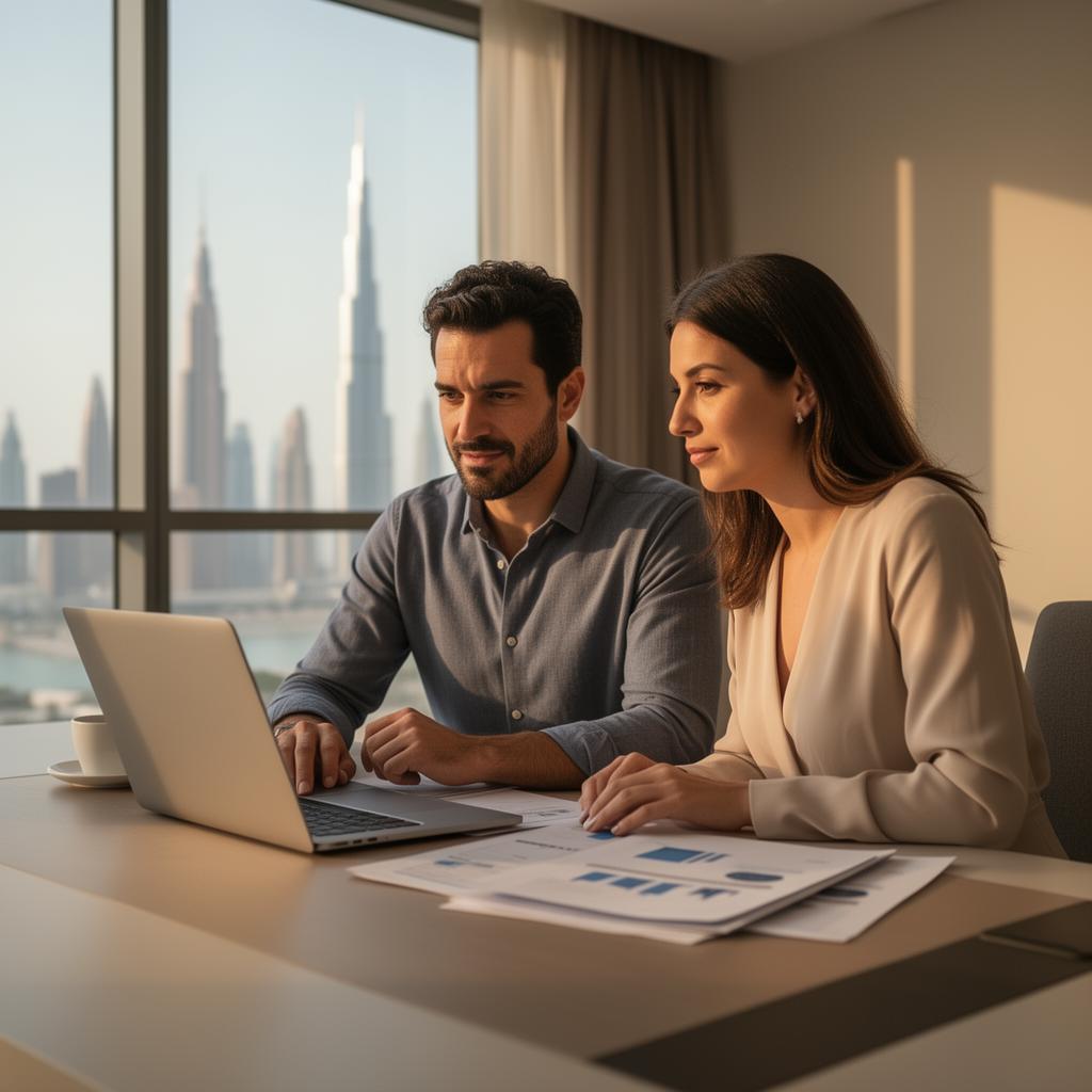 Young professional couple reviewing documents on a laptop