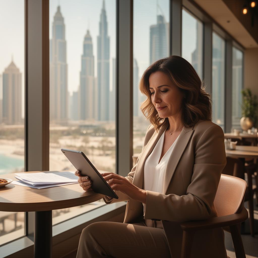 Professional woman reviewing documents on a tablet in a modern Dubai cafe