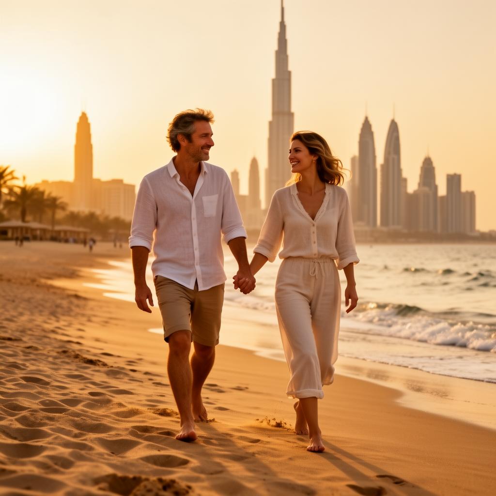 Couple walking barefoot on a UAE beach at golden hour with Dubai skyline